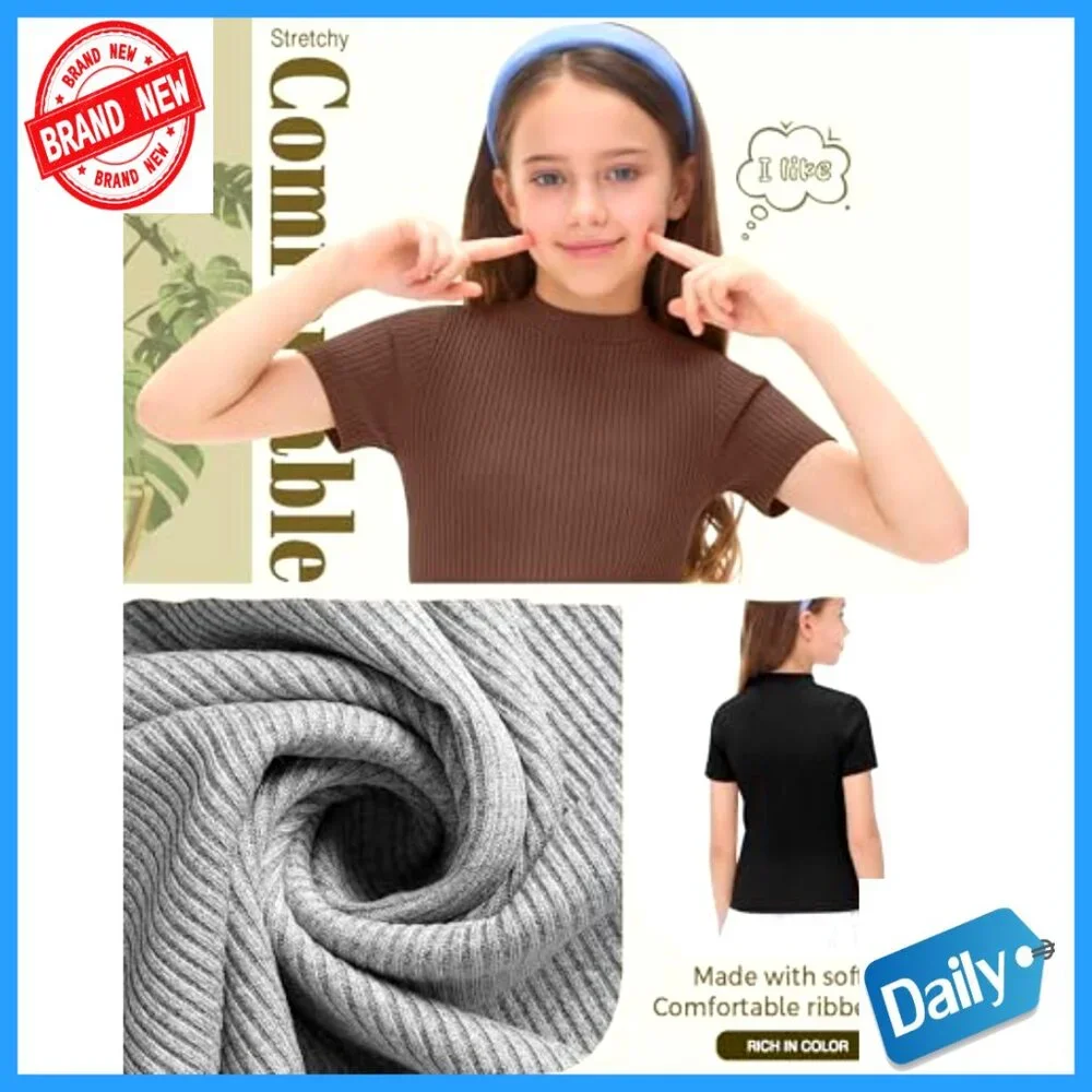 Girls Mock Neck Ribbed Tees 3-Pack Slim Fit Short Sleeve Summer Tops